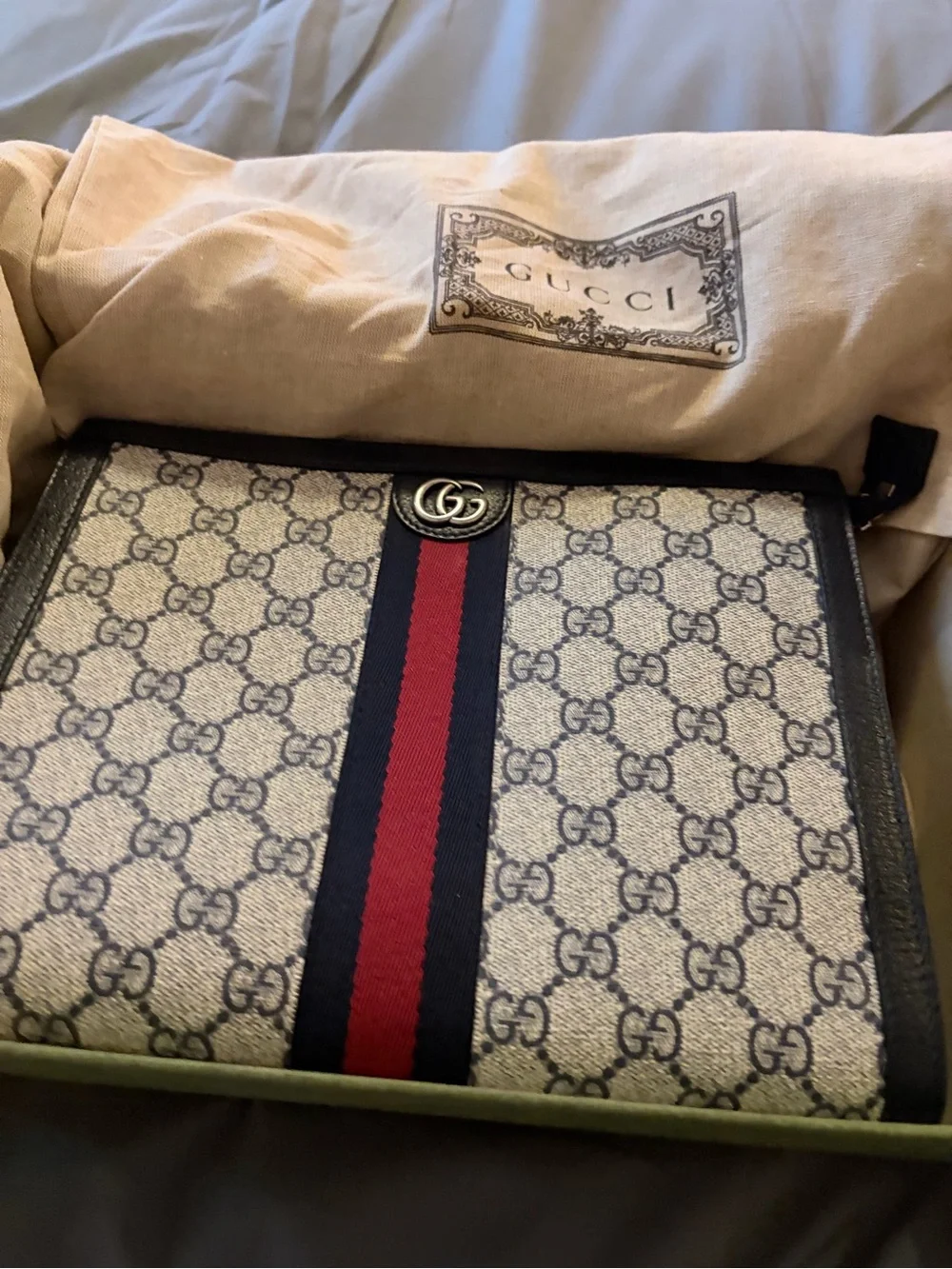 Gucci Beige GG Canvas Toiletry Pouch with Navy Trim and Red Stripe